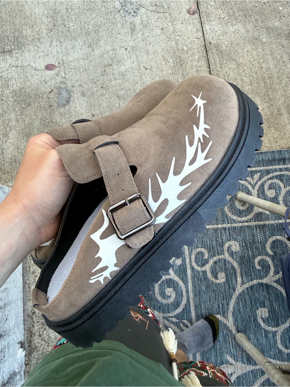 Chunky Taupe Suede Buckle Loafers with White Flame Detail